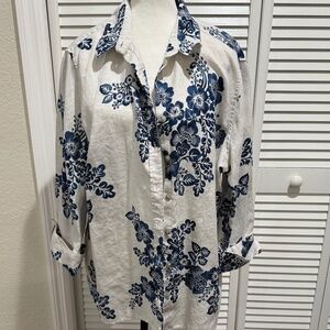 Chico’s No-Iron Linen 3/4 Sleeve Floral Shirt | Size 3 (XL/16–18) | Classic Navy